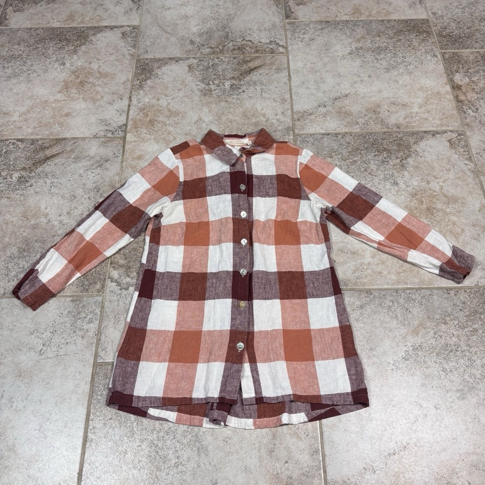 Soft Surroundings Carreaux Button Shirt Womens Medium Plaid Linen Blend